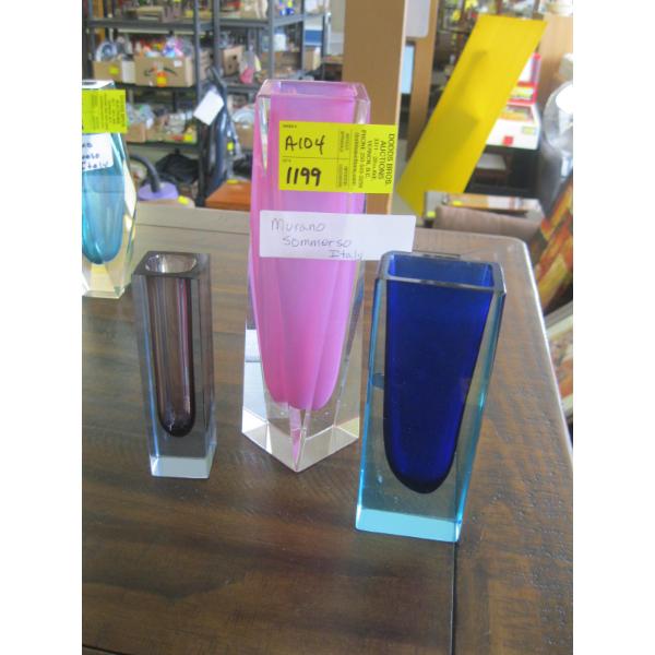 3 MURANO SOMMERSO MCM GLASS VASES