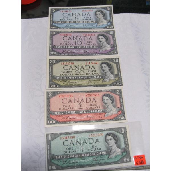 SET OF CDN 1954 BILLS - $1, 2, 5, 10 & 20