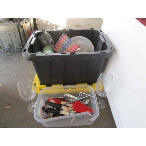 2 BOXES OF MISC. PLASTIC WINEGLASSES, UTENSILS, ETC.