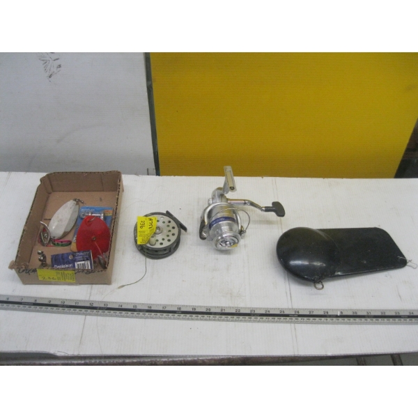 2 REELS, FISHING WEIGHTS & SM. FLAT OF FISHING LURES