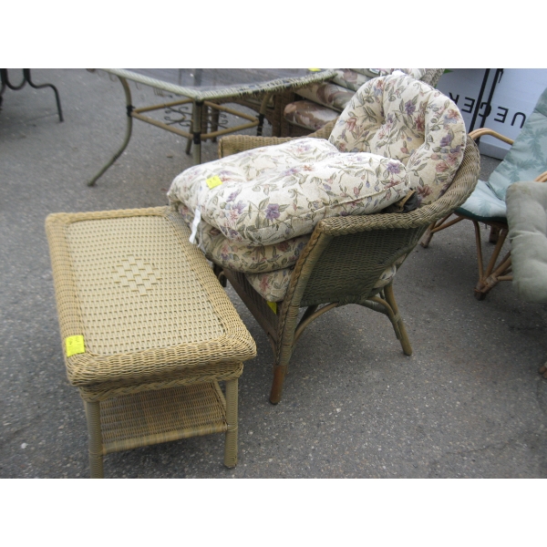 WICKER LOOK CHAIR W/CUSHIONS, WICKER LOOK COFFEE TABLE