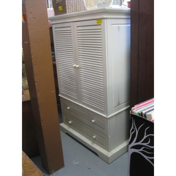 LG. WHITE LOUVERED DOOR ENTERTAINMENT CABINET W/2 DRAWERS
