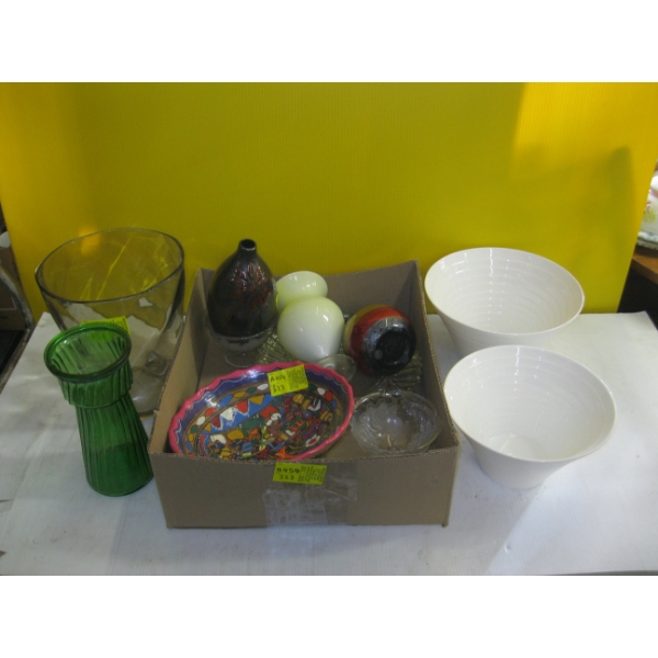 BOX OF ASST. BOWLS, VASES, ETC.