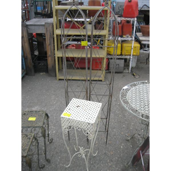 SM. WHITE METAL PLANT STAND & 2 DECORATIVE METAL STANDS