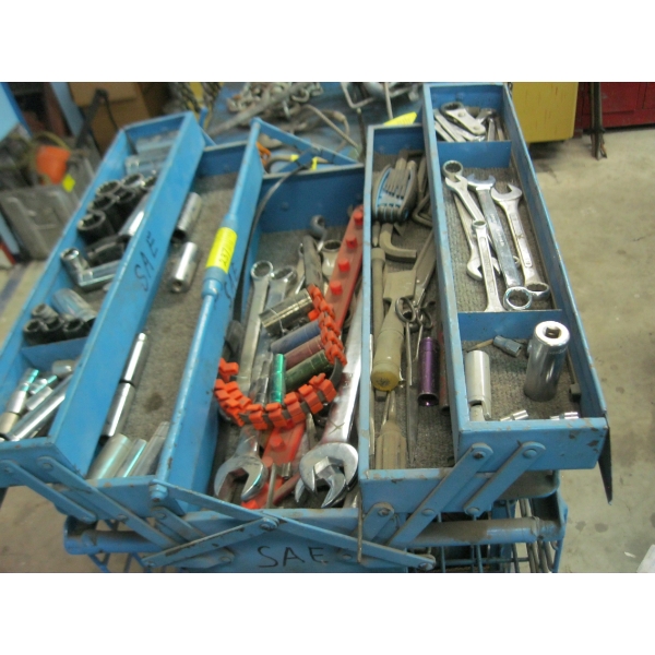 FOLD OUT TOOLBOX W/MISC. CONTENTS - WRENCHES, SOCKETS, ETC.