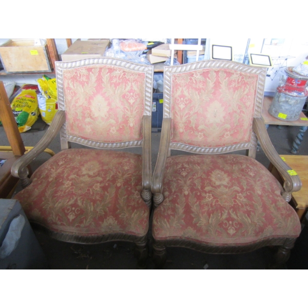 2 LG. UPHOLSTERED WOOD FRAMED ARMCHAIRS