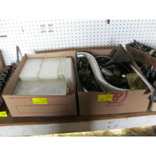 2 BOXES OF MISC. SCREWS, BOLTS, PRESSURE GUAGE, ETC.