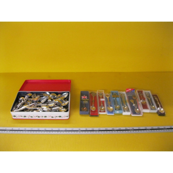 BAG OF COLLECTOR SPOONS & TIN OF COLLECTOR SPOONS