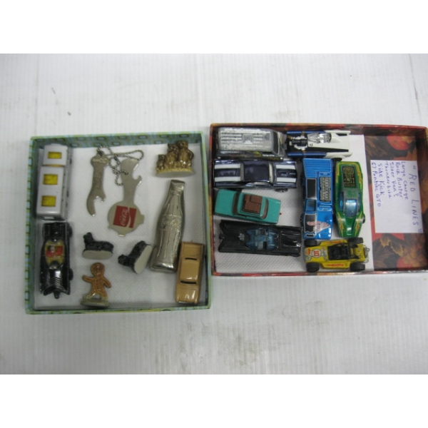 2 BOXES OF SM. CARS & ASST. ITEMS - WADE FIGURINES, ETC.