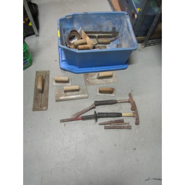 BIN OF TROWELS, HAMMERS, ETC.