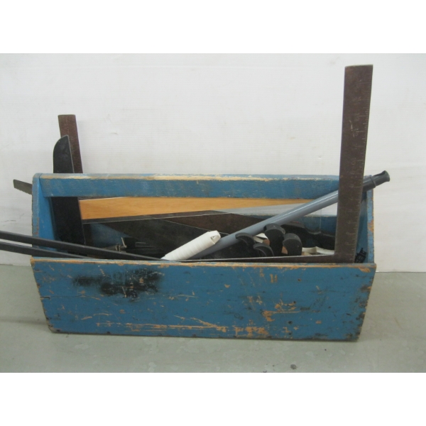 WOOD TOOL TOTE W/MISC. TOOLS