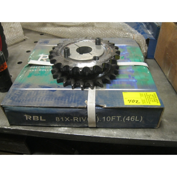 NEW BOX OF 10' ROLLER CHAIN & DRIVE PULLEY