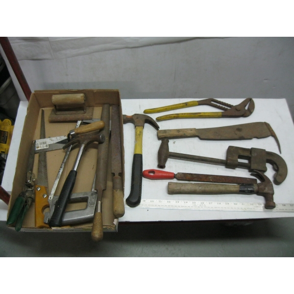 BOX OF MISC. HAMMERS, PLIERS, PIPE CUTTER, ETC.