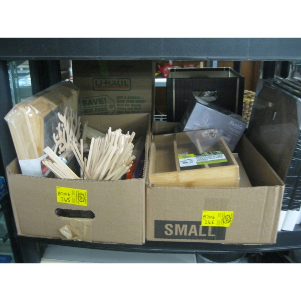 2 FLATS OF WOODEN CRAFT STICKS, CRAFT SUPPLIES, ETC.