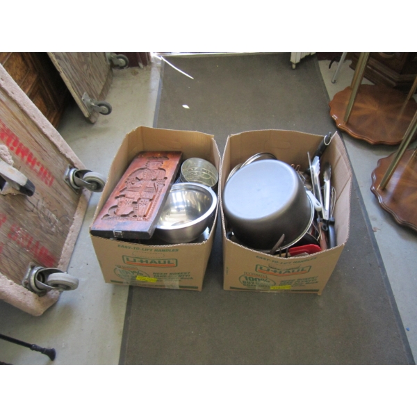 2 BOXES OF POTS & PANS