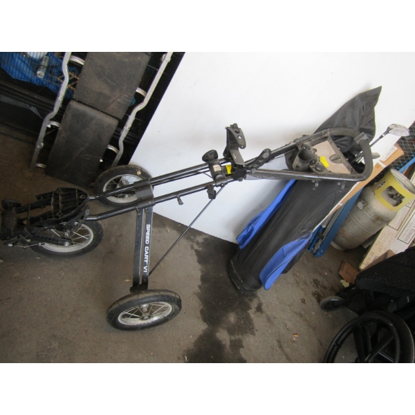 ROLLING GOLF CLUB CART W/BAG OF GOLF CLUBS