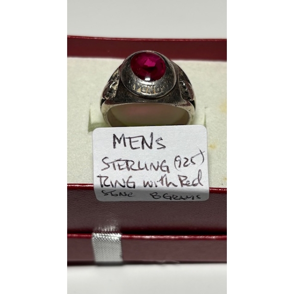 MENS STERLING .925 RING W/RED STONE, 8G, SZ 9