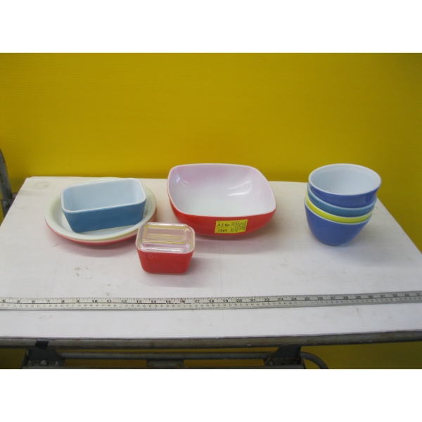 VINTAGE PYREX DISHWARE - BOWLS, LIDDED DISH, PIE PLATES, ETC.