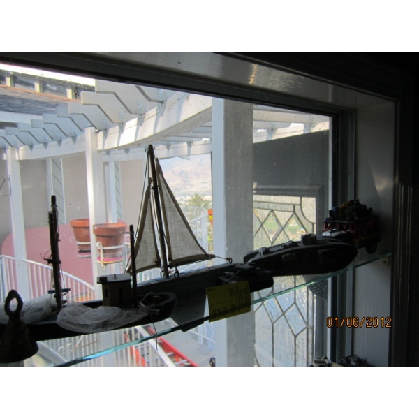 SHELF W/MISC. - SAILBOAT, TANK, JEEP, ETC.