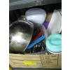 Image 3 : BOX OF ASST. CAMPING GEAR, PLATES, UTENSILS & BLOW UP MATTRESS