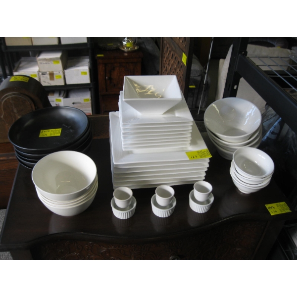 LG. LOT OF WHITE & BLACK DISHES - SOME CHIPPED