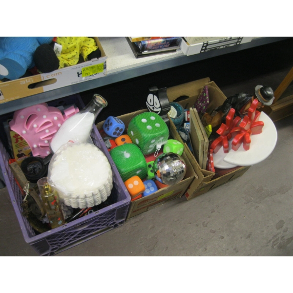3 BOXES OF MISC: TRAP, TOYS, SHELF UNIT, PICTURES, ETC.