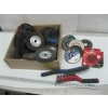Image 1 : WOODEN BOX W/WIRE WHEELS, CUTOFF DISCS, BRUSHES, ETC.