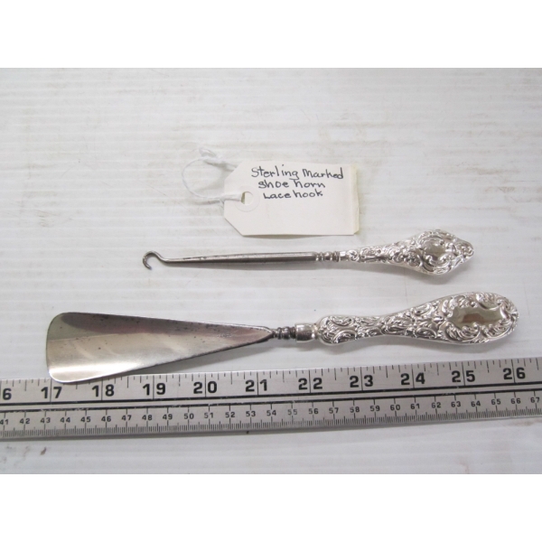 STERLING MARKED BUTTON HOOK & SHOEHORN