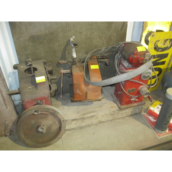 3 VINTAGE ITEMS - GRINDER, ADD-ON FOR A HYDRAULIC PUMP, ETC.