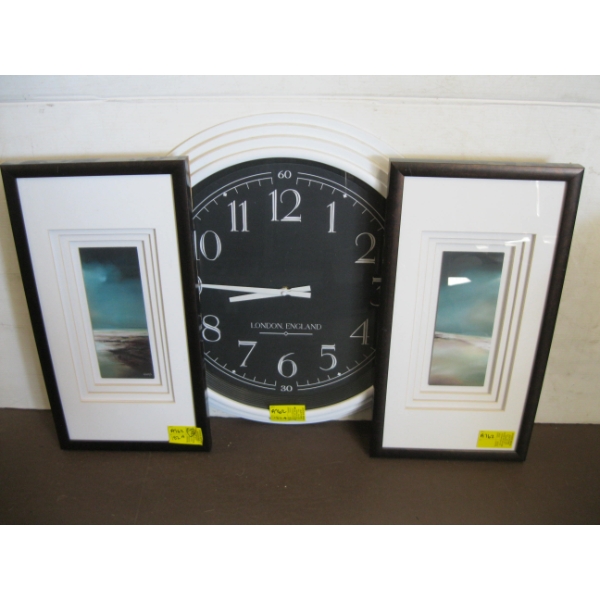 2 FRAMED PICTURES & A LG. CLOCK