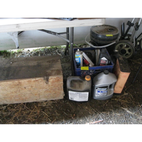 ASST. OILS, CLEANERS, WOODEN STORAGE BOX,  ETC.