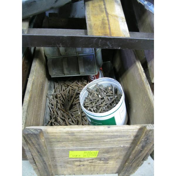 WOODEN CRATE W/LG. LOT OF SQUARE NAILS - VARIOUS SIZES