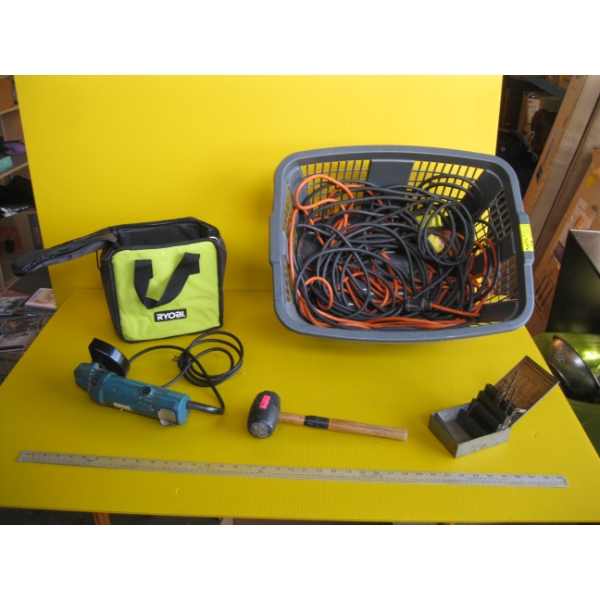 PLASTIC BIN OF MISC. ANGLE GRINDER, EXTENSION CORDS, ETC.