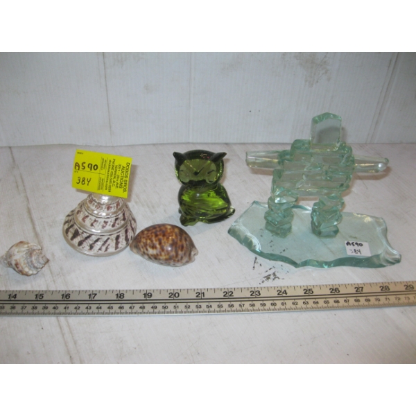GLASS INUKSHUK, GLASS OWL & 3 SHELLS