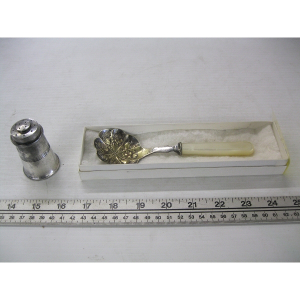 SERVING SPOON & A PEWTER SALT SHAKER