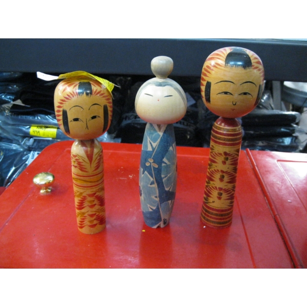 3 KOKESHI DOLLS - VINTAGE, SIGNED
