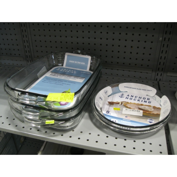 3 HANDLED BAKING DISHES & 2 GLASS PIE PLATES