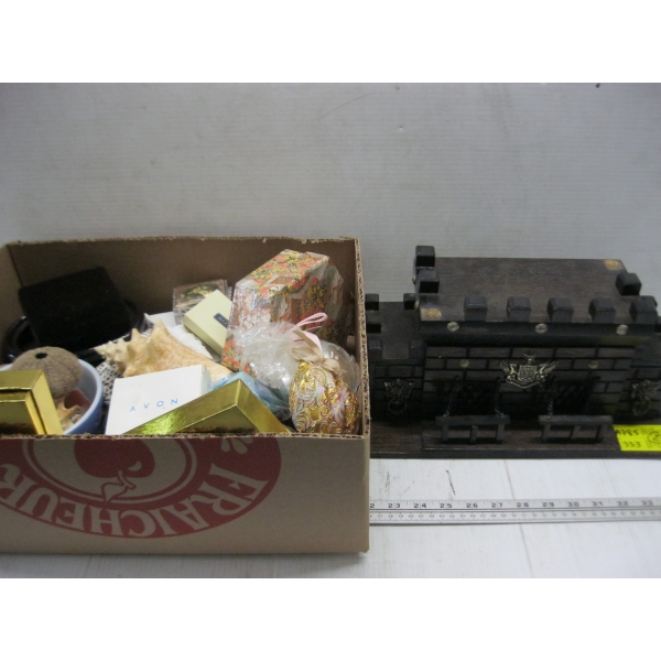 MISC. SHELLS, COSTUME JEWELLERY, DECANTER SET, ETC.