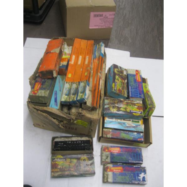 LG. LOT OF TRAIN CARS THAT HAVE GOTTEN WET - CARS, RAILS FOR ELECTRIC TRAIN CARS, TOY TANKS, MISC