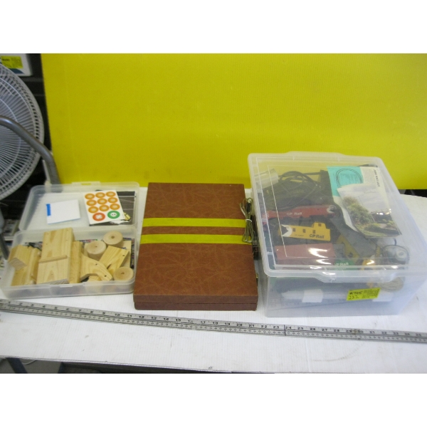 CLEAR CONTAINER OF MISC. TRAIN ITEMS & CONTAINER OF MISC. & BACKGAMMON BOARD