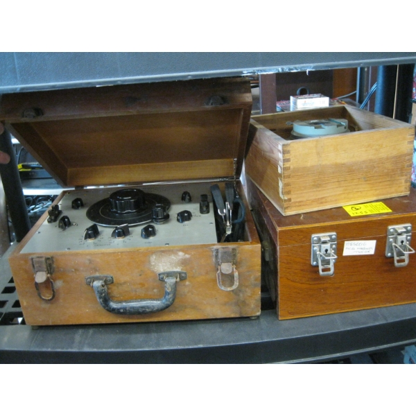 3 WOODEN BOXES W/ASST. SPECIALTY INSTRUMENTS: MICRO HARDNESS TESTER, ETC.