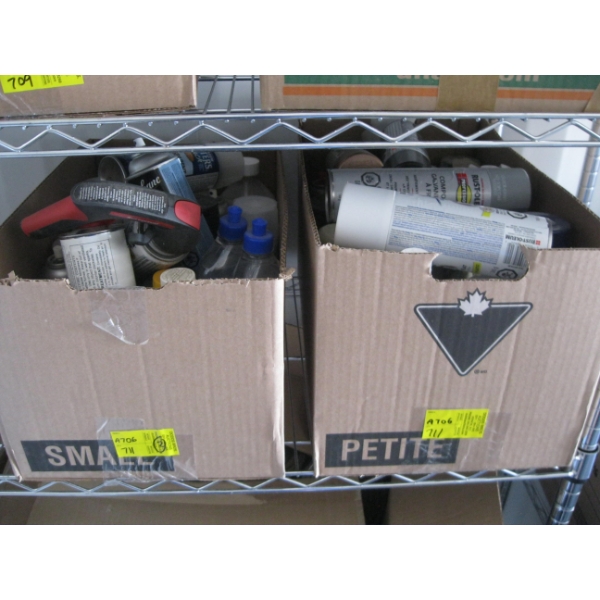 2 BOXES OF SPRAY PAINT, CLEANERS, ETC.