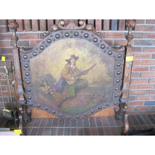 FIREPLACE SCREEN W/ORIGINAL PAINTING CARVED WOOD W/BRASS TRIM