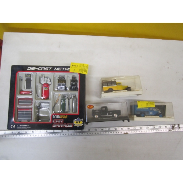 3 VEHICLES & DIECAST GARAGE ITEMS