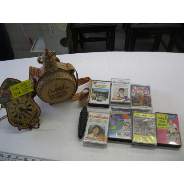 GERMAN TAPES, SM. CLOCK, DECANTER, ETC.