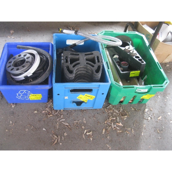 3 PLASTIC BINS OF MISC. DRUM SANDER, EDGING, WHEEL CHOCKS, ETC.