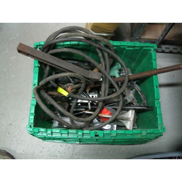 BIN OF MISC. WELDING CABLE, V STANDS, ETC.