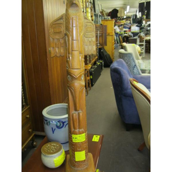 33" CARVED TOTEM POLE BY ROGER WATTS, SIGNED