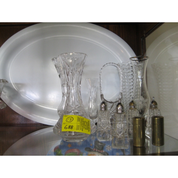 13 PIECES OF ASST. CRYSTAL & GLASSWARE & METAL S&P SHAKER