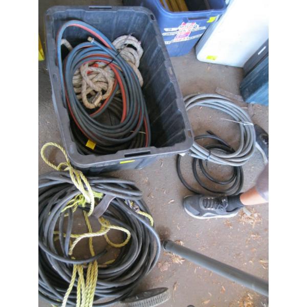 BIN OF MISC. AIR HOSE, EXTENSION CORDS, ETC.
